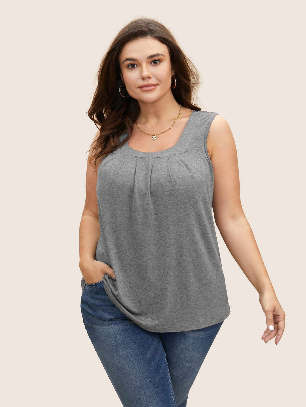 Heather Plicated Detail Square Neck Tank Top