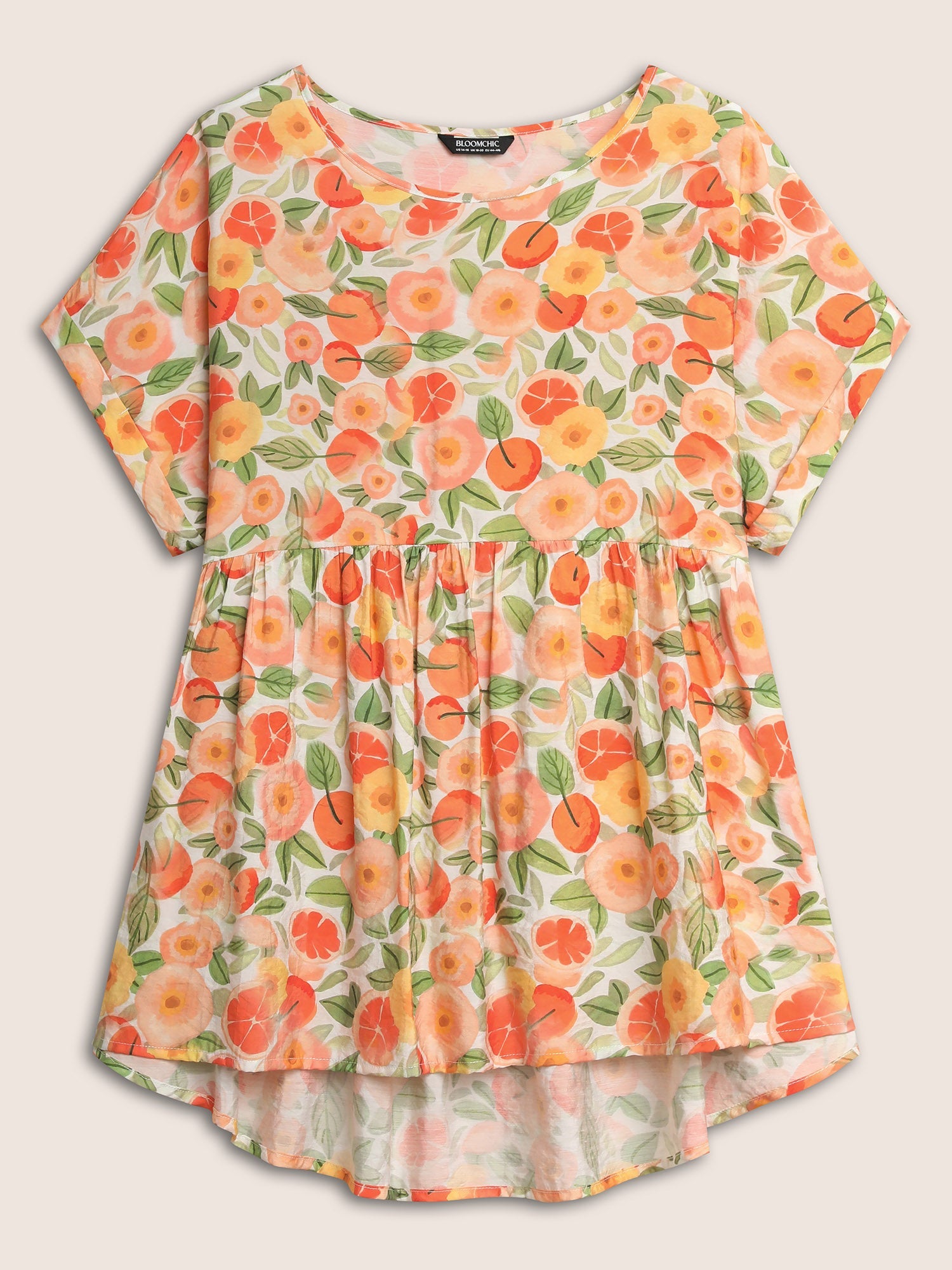Fruit Print Curved Hem Batwing Sleeve Blouse