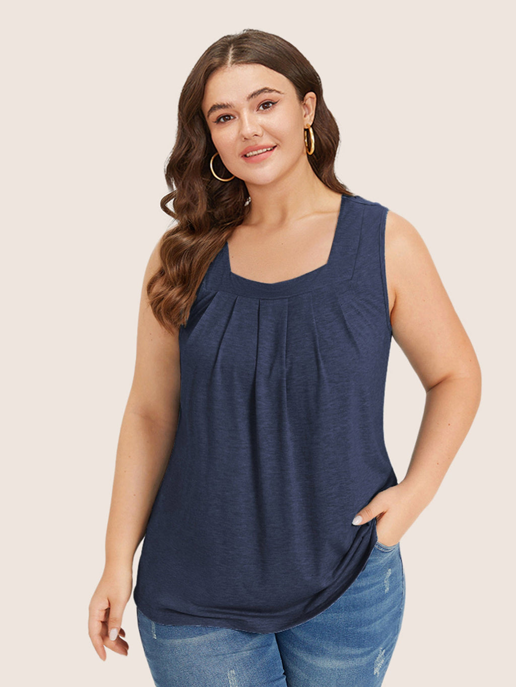 Heather Plicated Detail Square Neck Tank Top