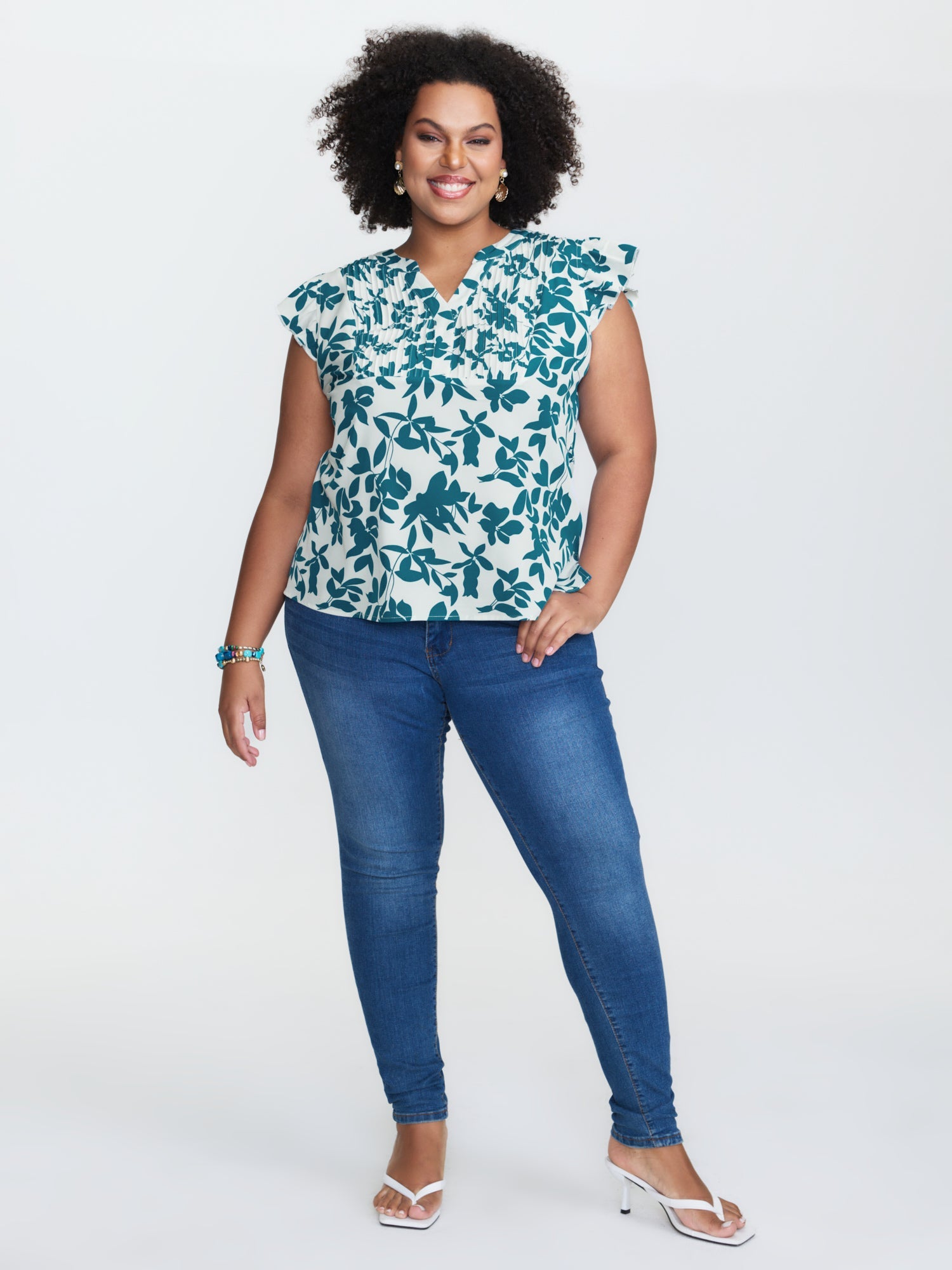 Silhouette Floral Print Notched Collar Pleated Blouse