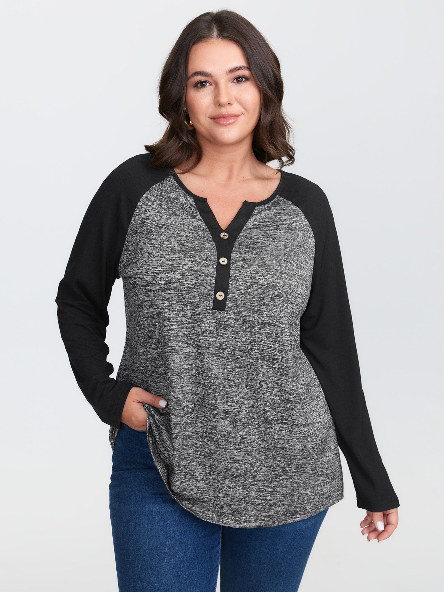Heather Patchwork Button Detail Stretchy T-Shirt