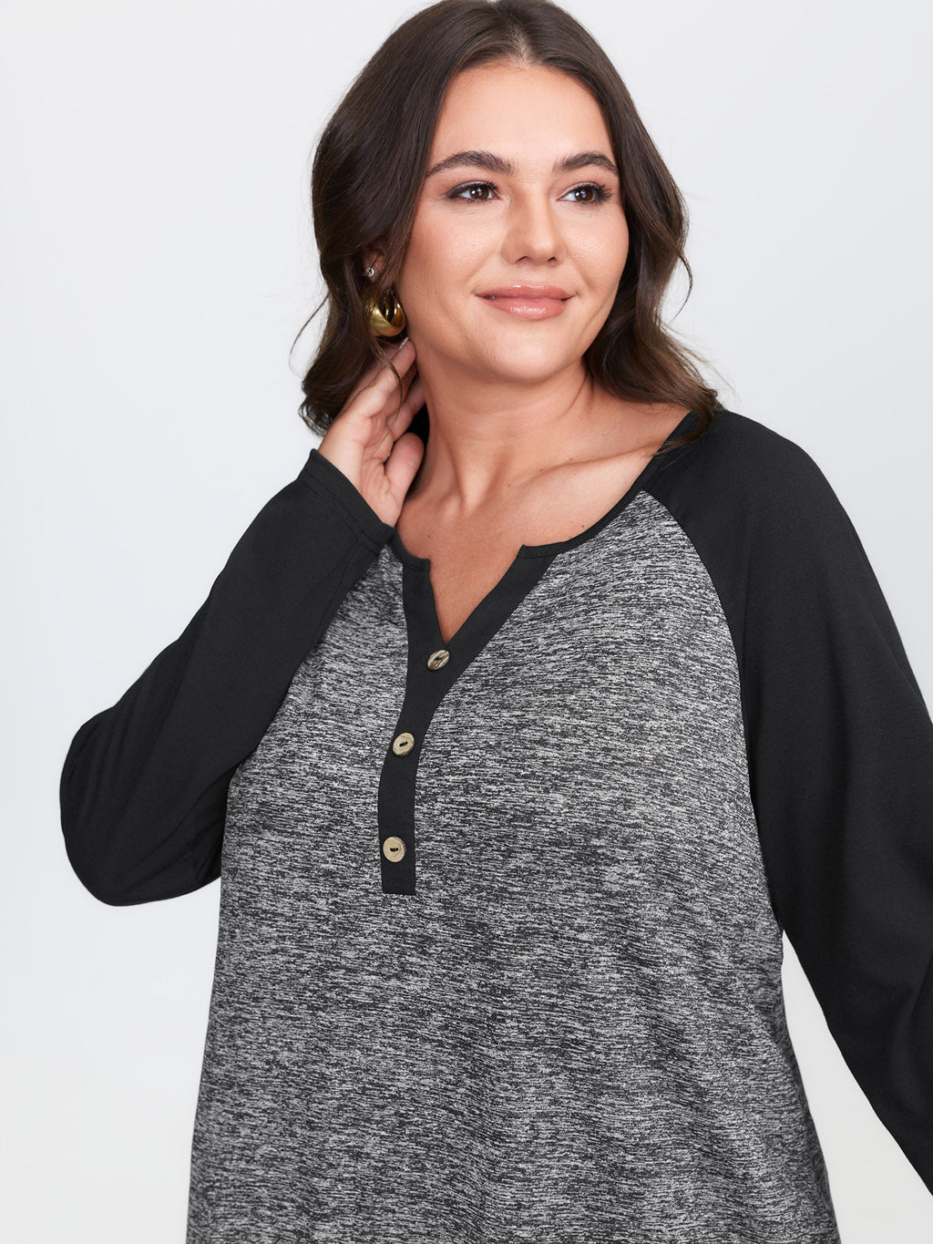 Heather Patchwork Button Detail Stretchy T-Shirt