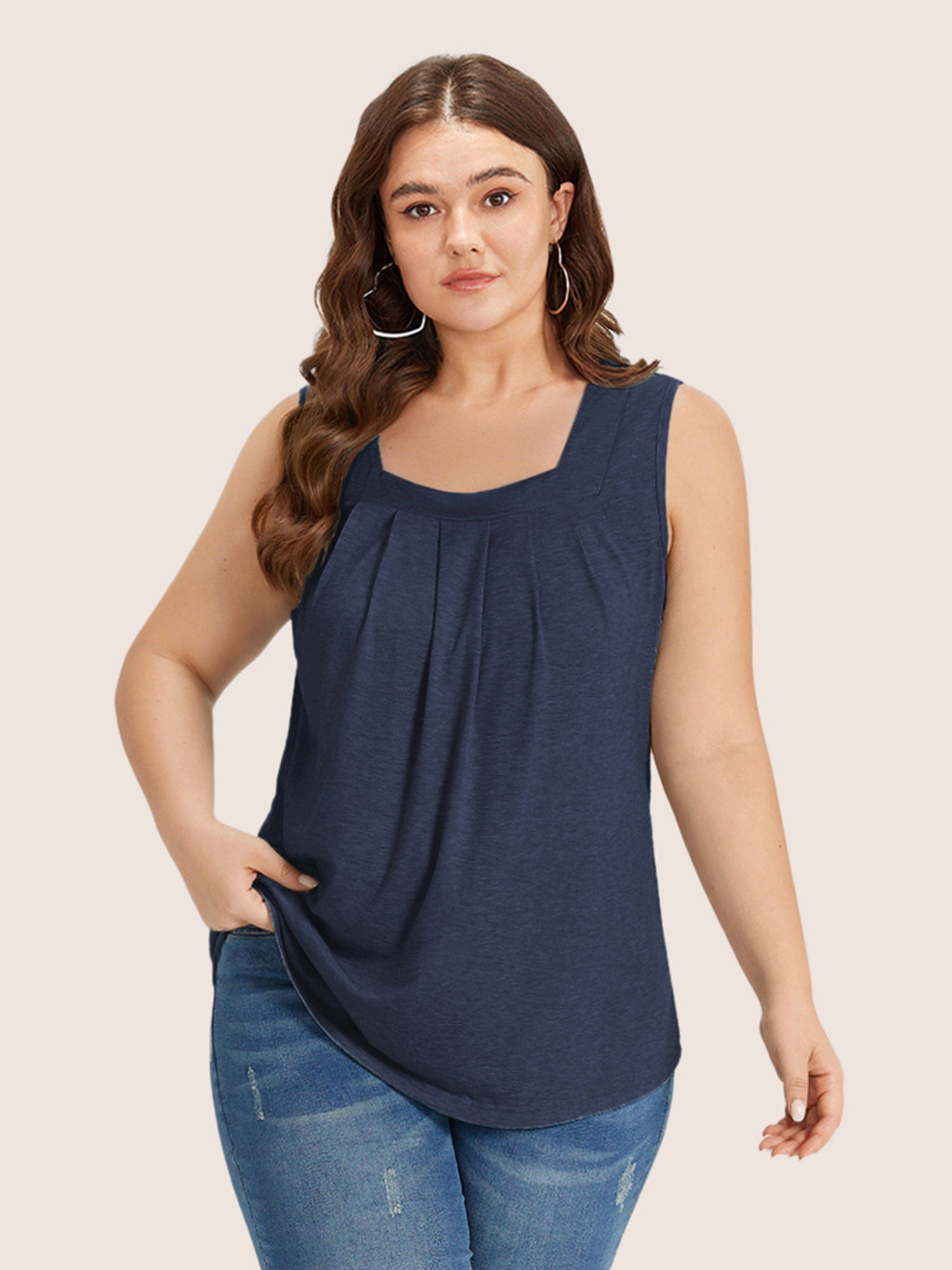 Heather Plicated Detail Square Neck Tank Top