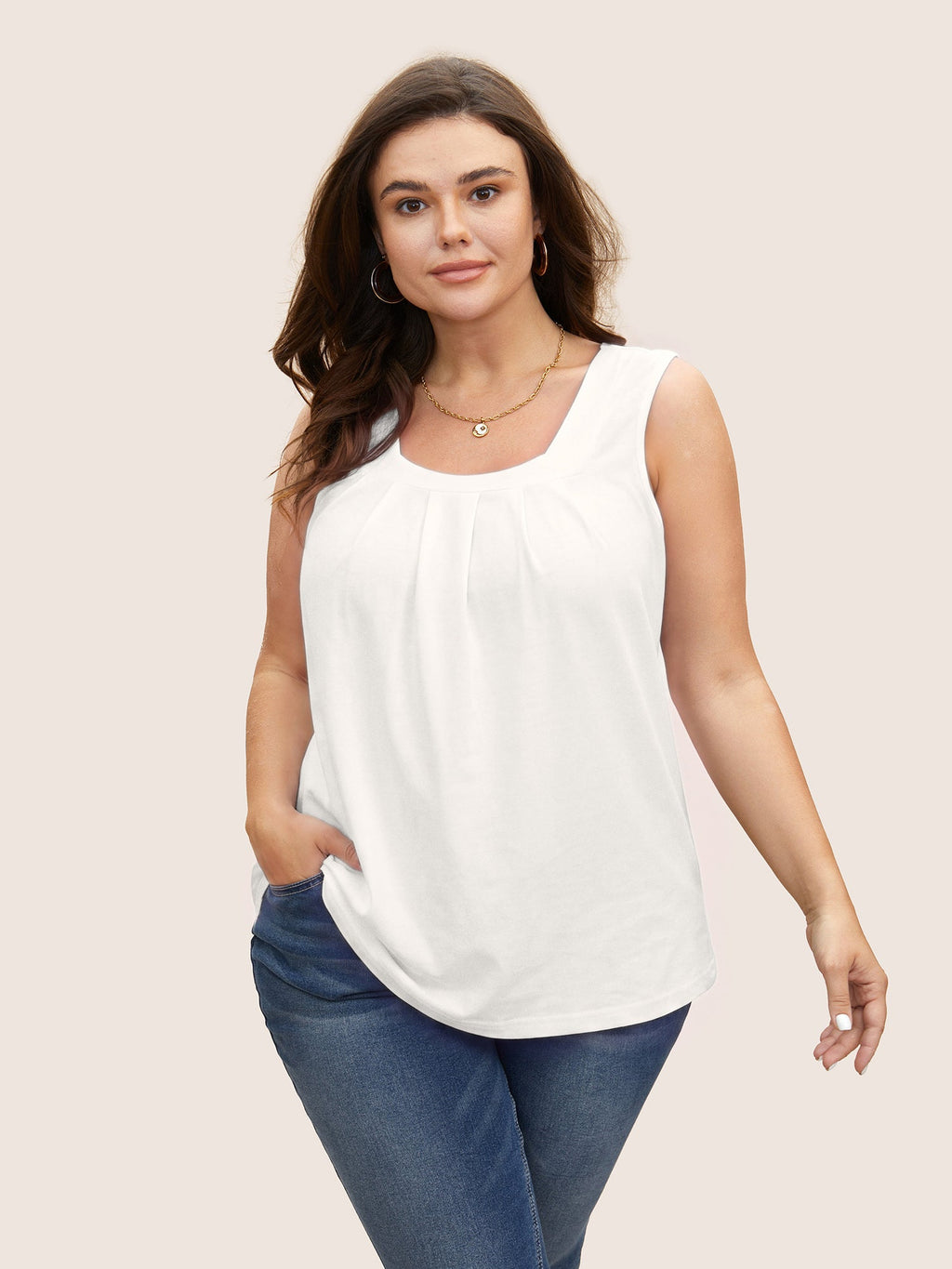 Heather Plicated Detail Square Neck Tank Top