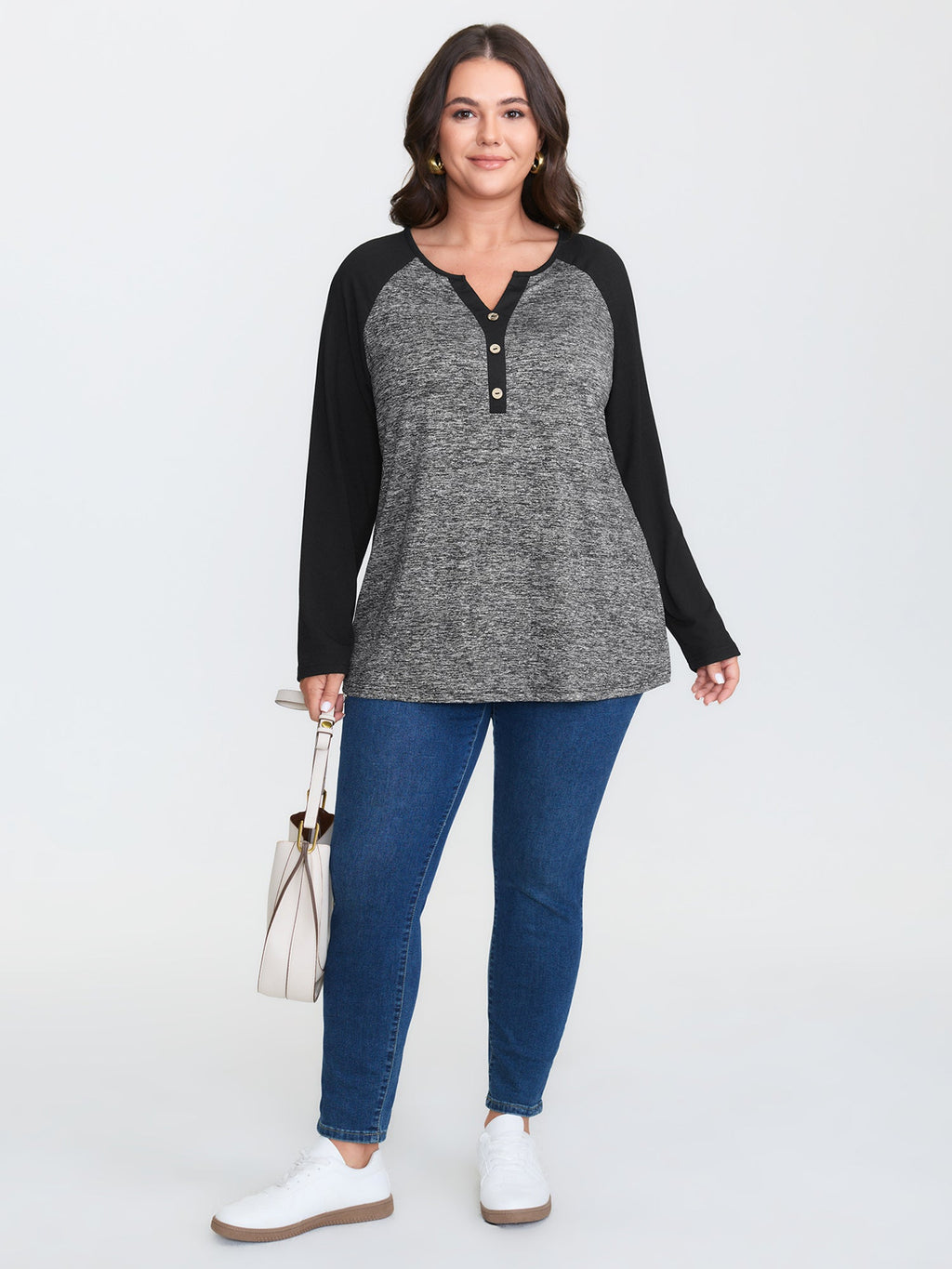 Heather Patchwork Button Detail Stretchy T-Shirt