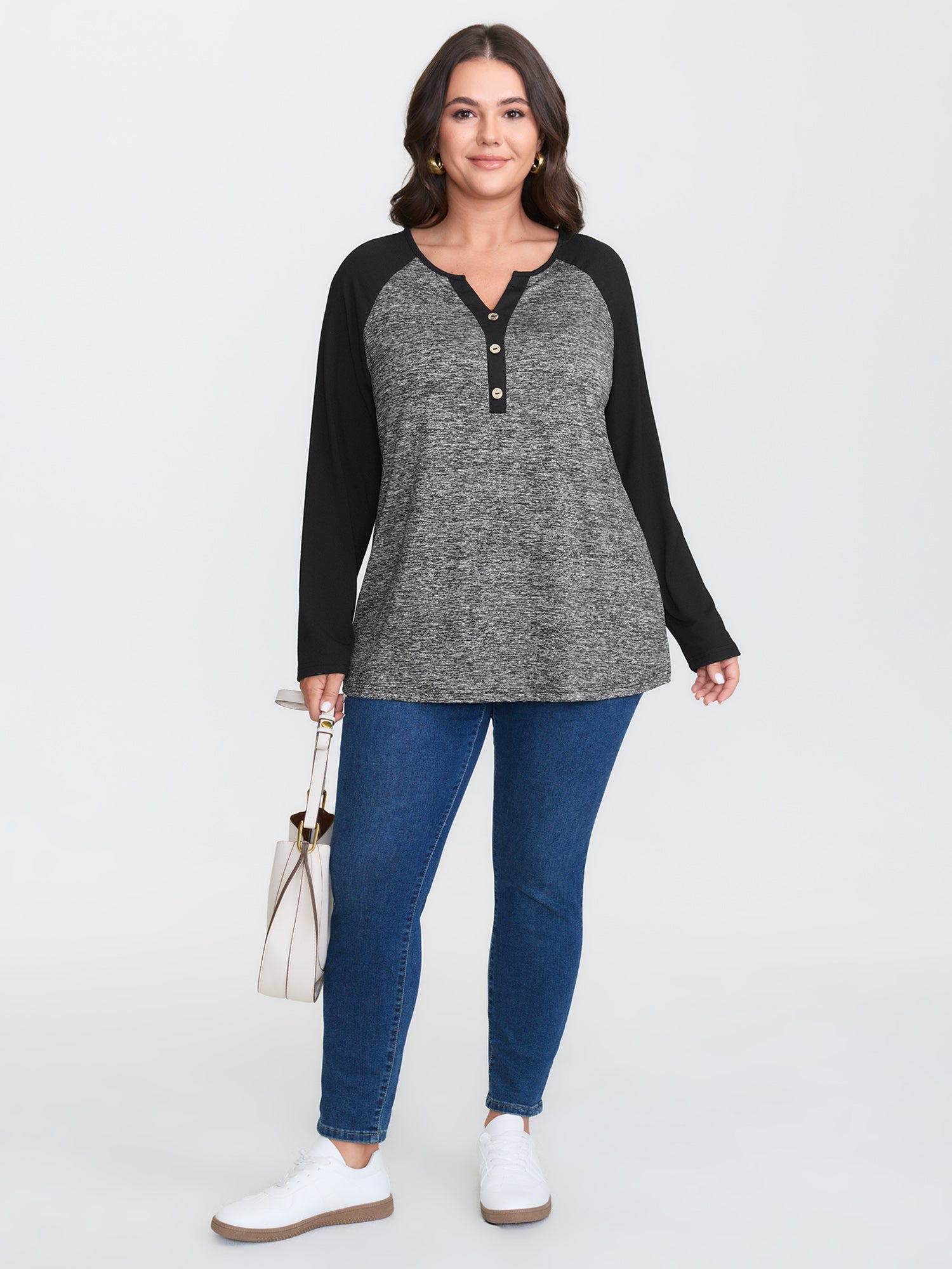 Heather Patchwork Button Detail Stretchy T-Shirt
