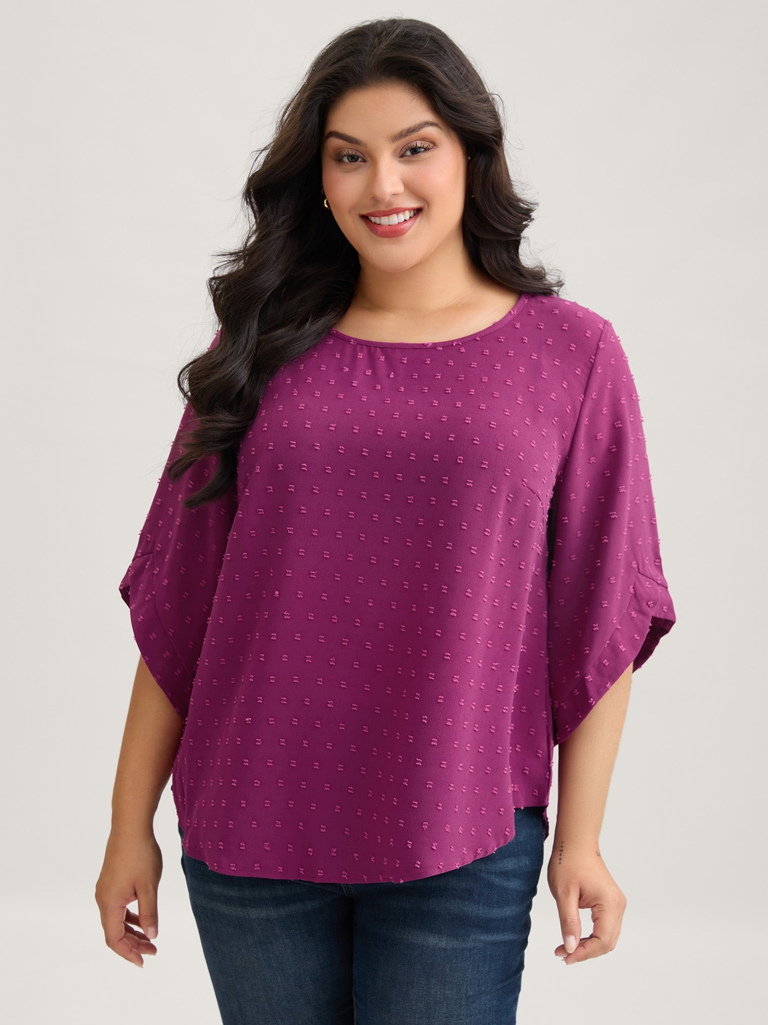 Textured Round Neck Bell Sleeve Blouse