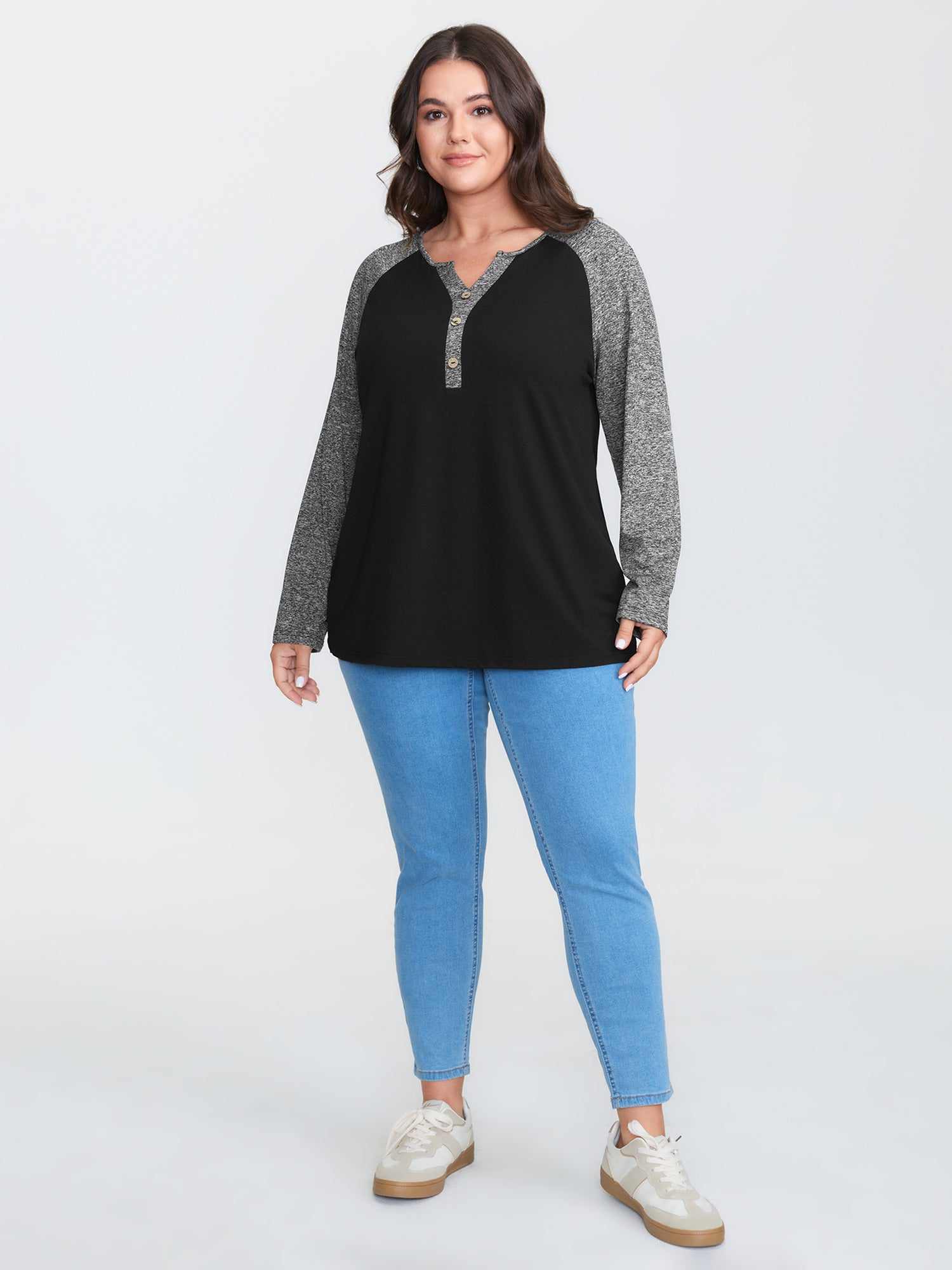 Heather Patchwork Button Detail Stretchy T-Shirt