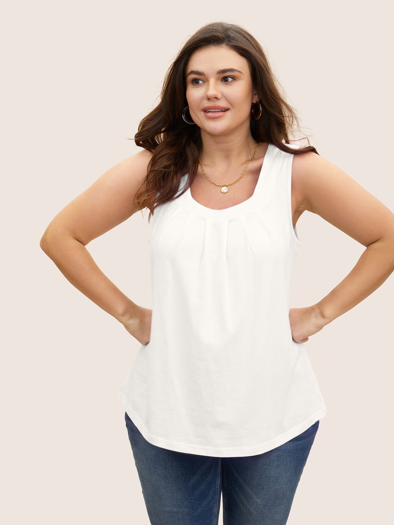 Heather Plicated Detail Square Neck Tank Top