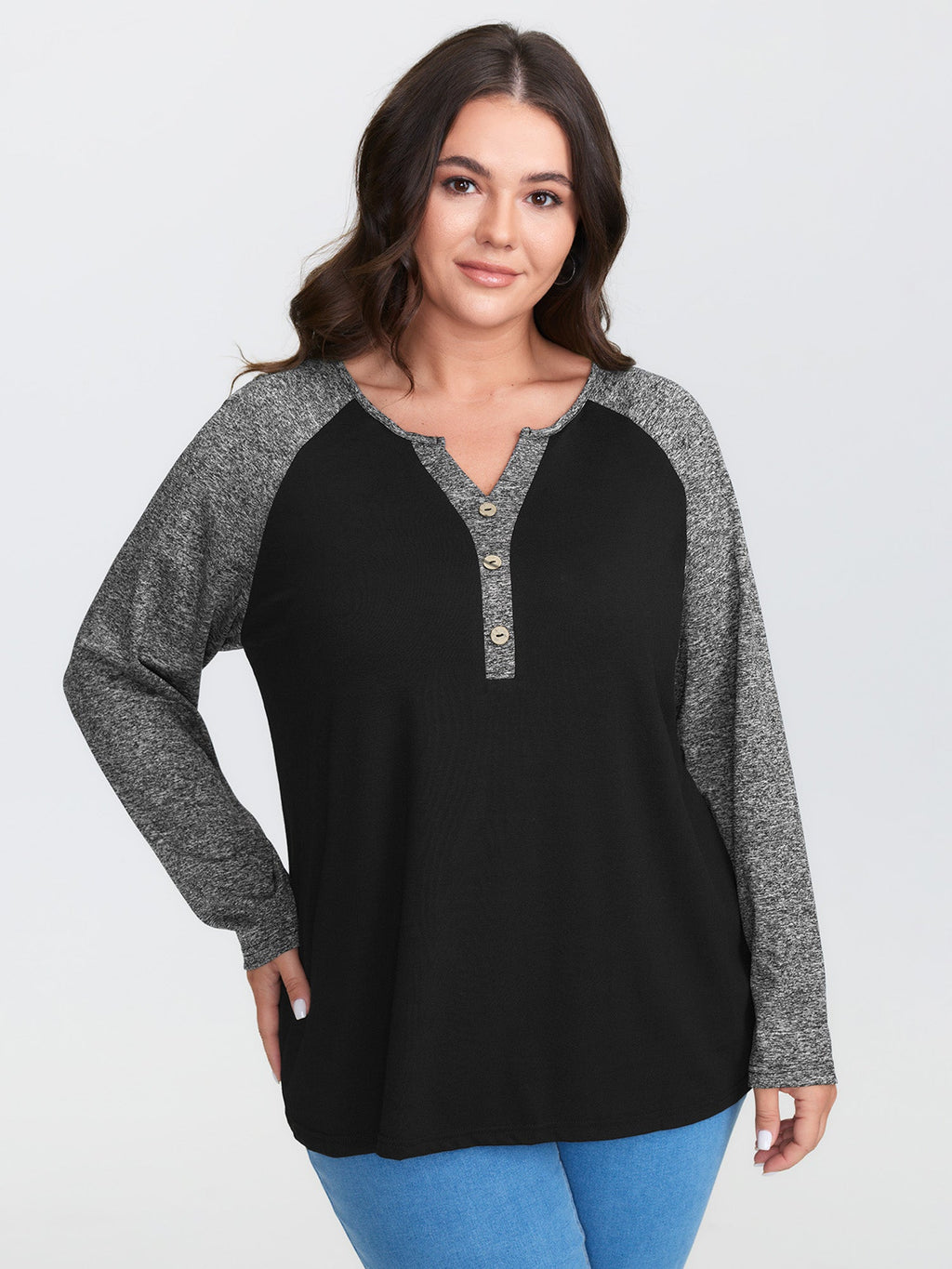 Heather Patchwork Button Detail Stretchy T-Shirt