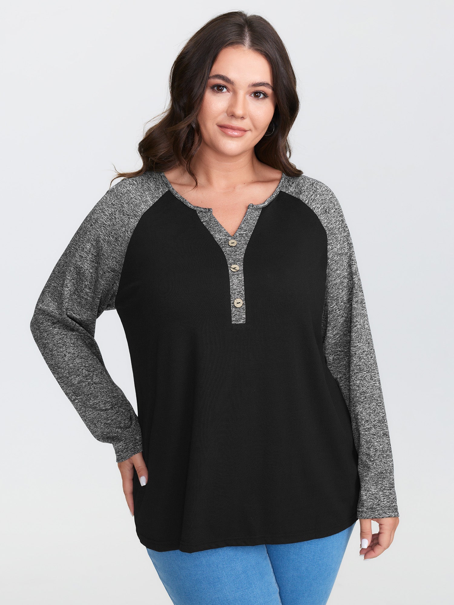 Heather Patchwork Button Detail Stretchy T-Shirt