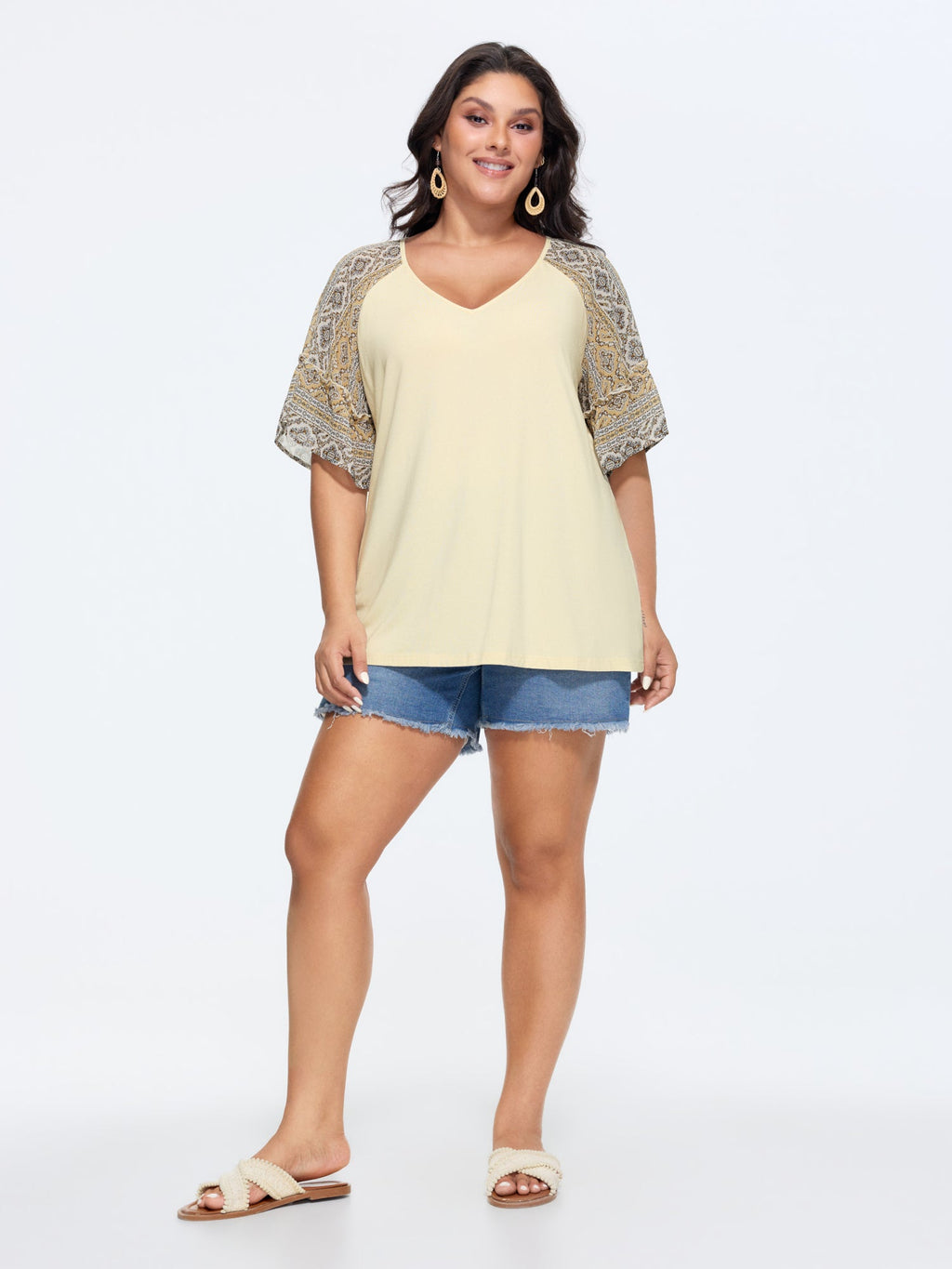 Boho Print Patchwork Raglan Sleeve T-shirt