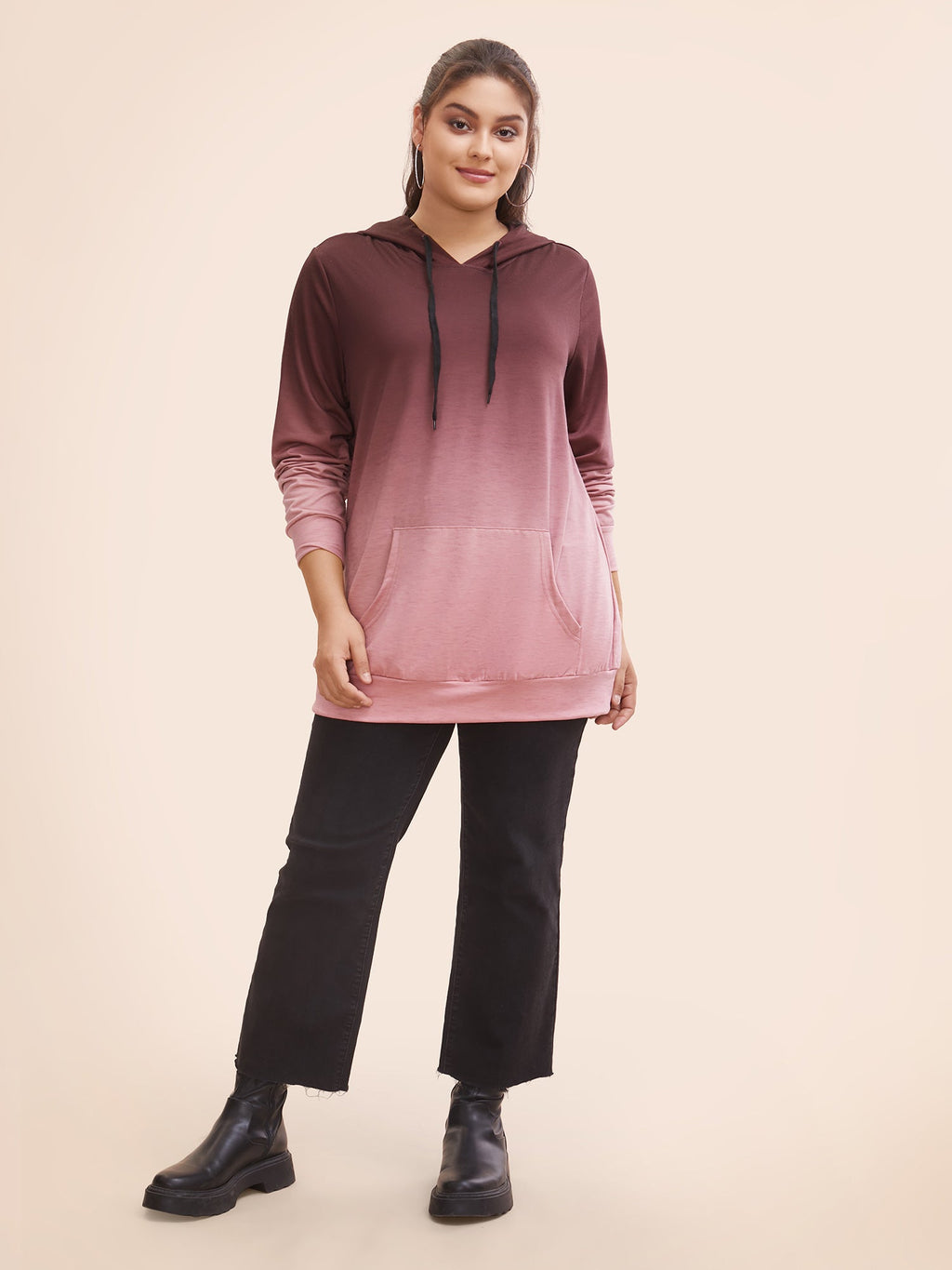 Ombre Pocket Drawstring Hooded Sweatshirt