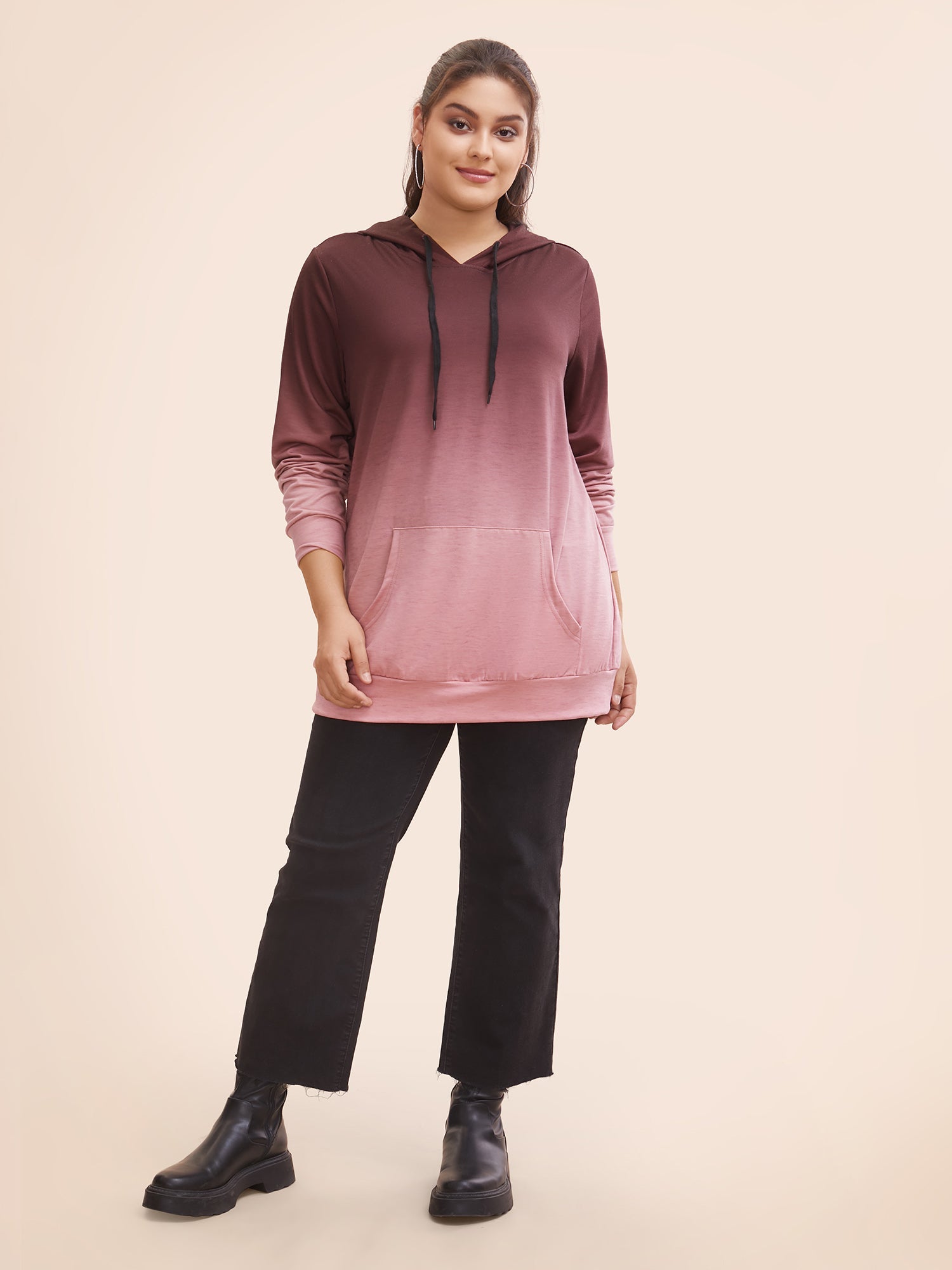 Ombre Pocket Drawstring Hooded Sweatshirt
