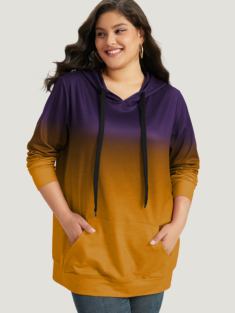 Ombre Pocket Drawstring Hooded Sweatshirt
