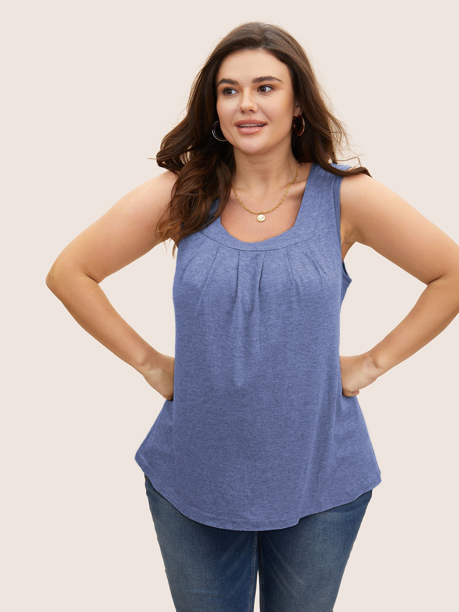Heather Plicated Detail Square Neck Tank Top