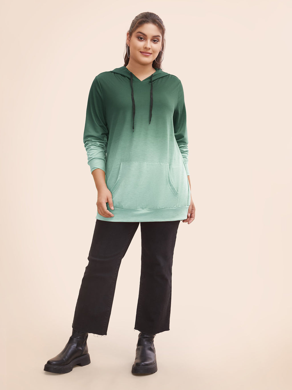 Ombre Pocket Drawstring Hooded Sweatshirt