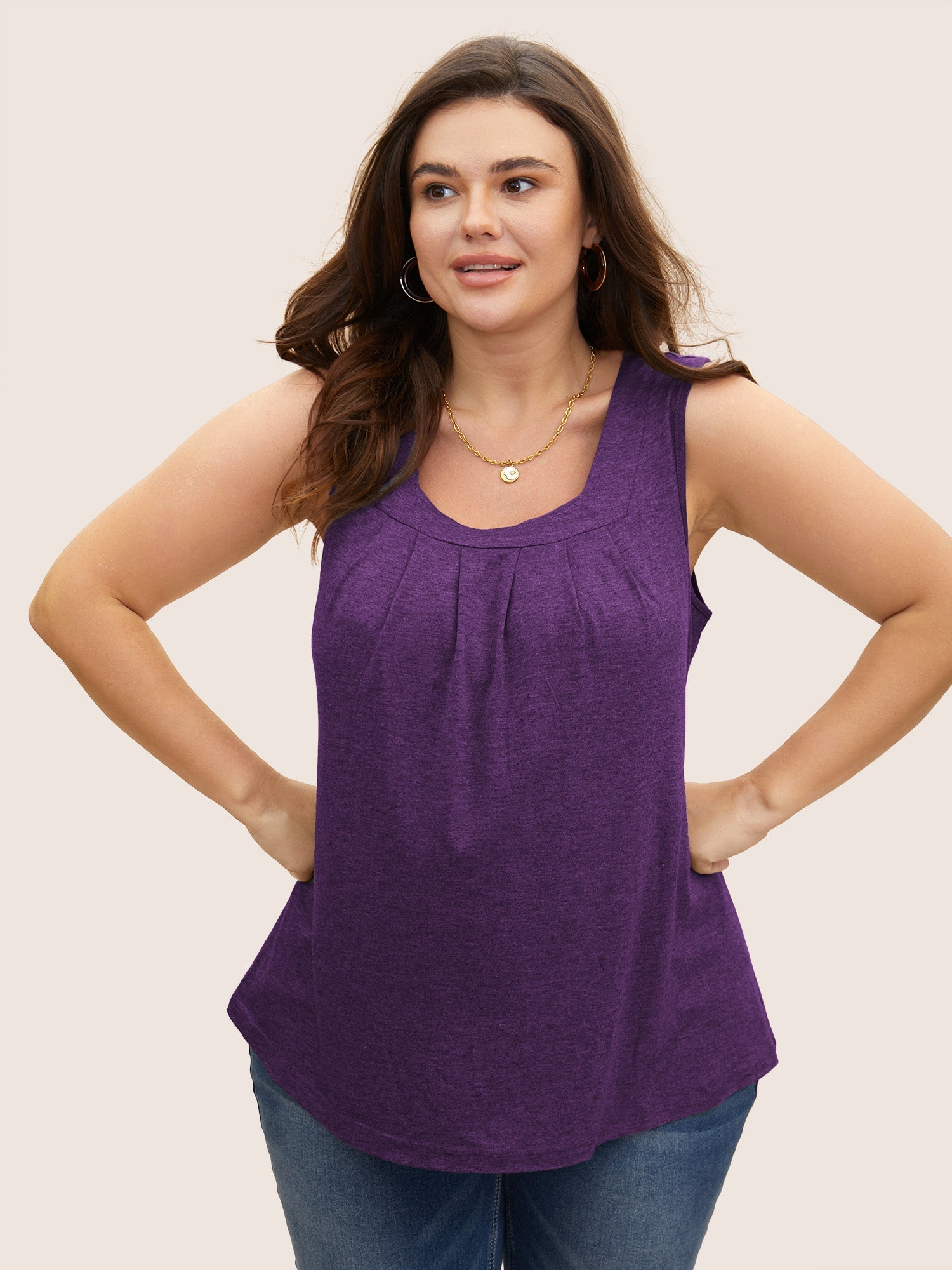 Heather Plicated Detail Square Neck Tank Top